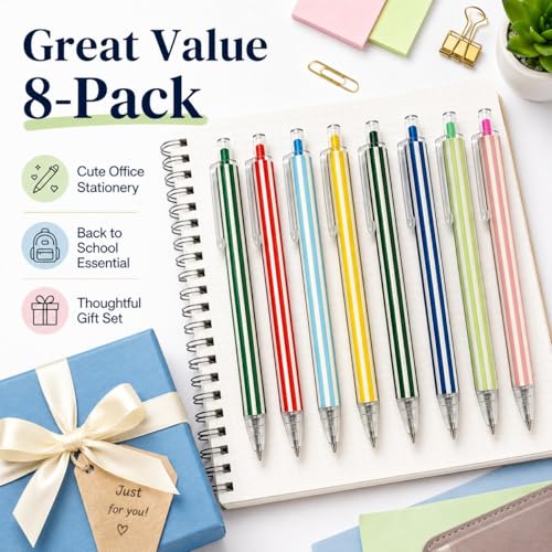 8 Pack Retractable Gel Pens 1.0 mm Striped Aesthetic School Supplies Smooth Writing Colored Ink Click Pen For Note Taking Cute Office Stationery Gift Set
