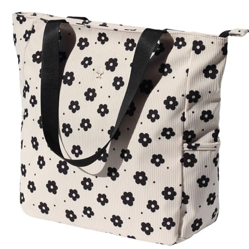 ESVAN Original Floral Water Resistant Large Tote Bag Shoulder Bag for Gym Beach Travel Daily Bags Upgraded - color: Corduroy Black Flower