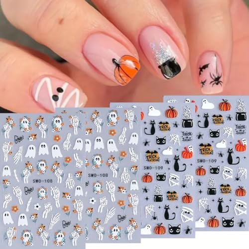 Halloween Nail Art Stickers Decals 3D Cute Ghost Black Cat Halloween Nail Stickers 4PCS Pumpkin Spider Web Skeleton Flower 3D Embossed Nail Decals Manicure Sliders for Women Nail Art Decorations - style: style1
