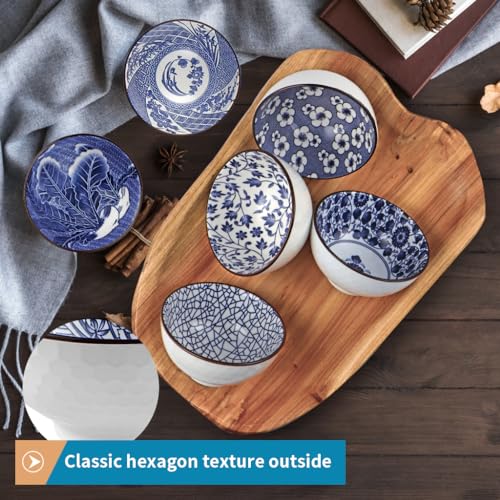 Ceramic Rice Bowls 10 oz, Japanese Style Bowl Gift Set, Assorted Dinnerware Serving Bowls for Cereal, Soup, Dessert, Snack, Fruit, Salsa, Pack of 6 (Blue and White) - color: Blue and White, size: 6 Pack