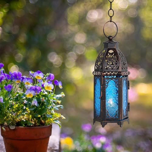 Christmas Lanterns Decorations Indoor & Outdoor, 11’’ Medium Size Vintage Metal Hanging&Tabletop Candle Holder Decor, Halloween Ramadan Decorations for Home Porch Patio(Blue) - color: Blue - 11''h, size: Medium