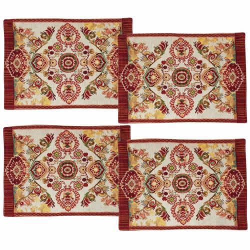 Tache Fall Placemats Set of 4, Burgundy Orange Ivory Woven Tapestry Place Mats, Elegant Paisley 13 x 19 Inch Dining Table Mats for Autumn Harvest Thanksgiving Decor