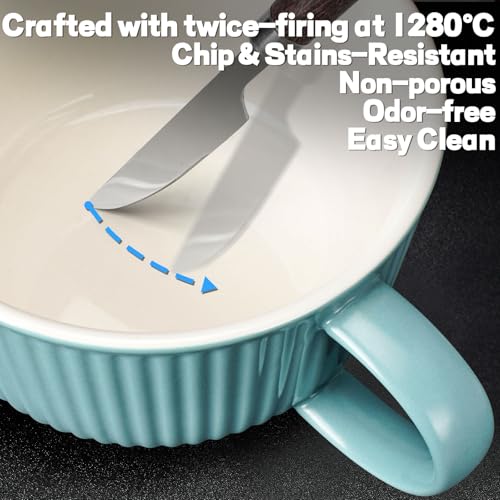 Artena 38 oz Soup Bowls with Handles, Lids, Spoons & Chopsticks – 6 Inch Large Microwave Safe Ceramic Ramen Bowls, Soup Mugs & Cereal Bowls for Instant Noodles, Oatmeal, Meal Prep (Teal-Set of 2) - color: Teal-Set of 2