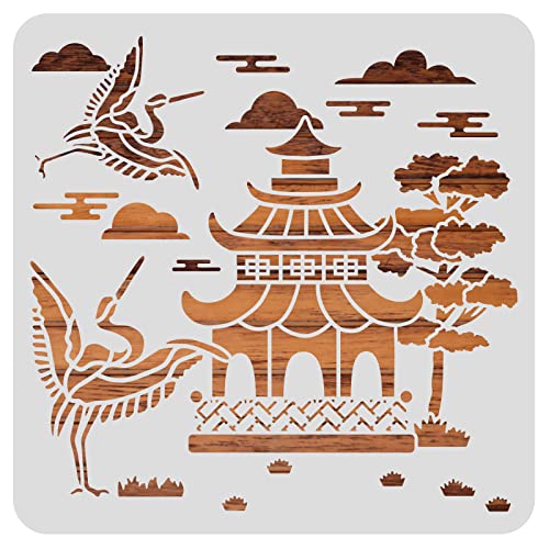 BENECREAT 12x12inch Oriental Theme Plastic Painting Templates, Pagoda Crane Pattern Drawing Stencils for Scrapbook Decoration DIY Crafts - color: Crane