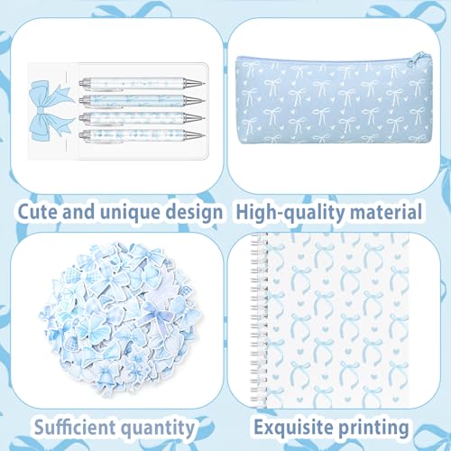 Sayglossy Blue Bow Set Pen Spiral Notebook Journal Pencil Case Sticker - color: Blue