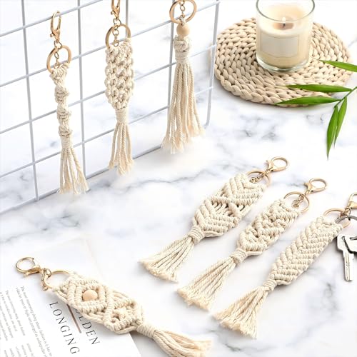 Junkin Macrame Boho Keychains Bulk Handcrafted Aesthetic Key Chain with Tassel for Women Car Key Purse Wallet Beige