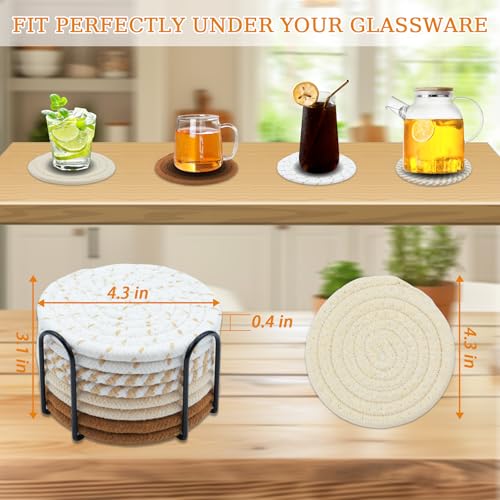 8 Pcs Drink Coasters with Holder, Minimalist Cotton Woven Coaster Set, 4 Colors Absorbent Coaster Protection Protection for Various Cups, Ideal for Coffee Tables and Home Decor Tabletop, 4.3 Inches - color: Greyblack
