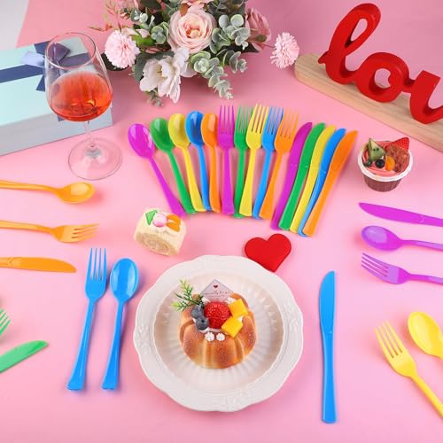 Kochorie 300 Pieces Rainbow Plastic Silverware Disposable Colorful Utensils - color: Rainbow
