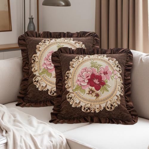 Set of 2 Vintage Throw Pillows Covers 18x18in for Sofa Couch, Brown Embroidered Pillowcase for Living Room Floral Cushion Cover Decor for Bed - color: Brown