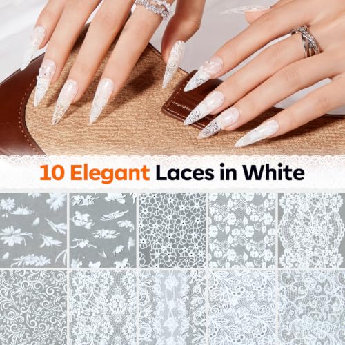 Modelones 20 Rolls Lace Nail Foil Transfer Aurora Flower Nail Art Stickers - color: White Black Aurora