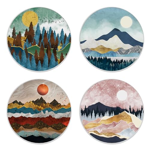Coasters for Drinks, Set of 4 Absorbent Ceramic with Cork Base, Mountain and Forest Nature Design, Round Shape, Perfect for Coffee Table Protection and Gifts - color: Mountains and Forest Nature
