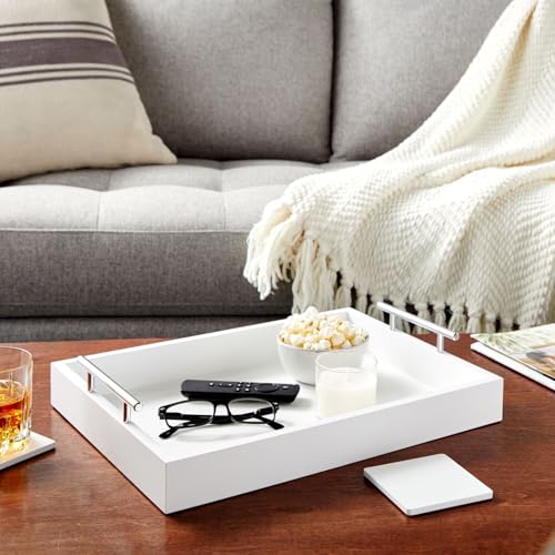 Juvale Ottoman Tray with Coasters & Interchangeable Gold & Silver Handles - 15.7" x 11.8" x 3.1" - White Rustic Wood Rectangular - Coffee Table Tray for Serving & Decorative Accents - color: White