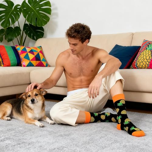 Colorful Funny Novelty Dress Socks for Men Women Teens Fathers Day Casual Fun Crazy Funky Graphic Crew Socks - color: 5 Pairs - Fruit Style -- Avocado & Lemon & Pineapple Pattern Socks, size: 6-12