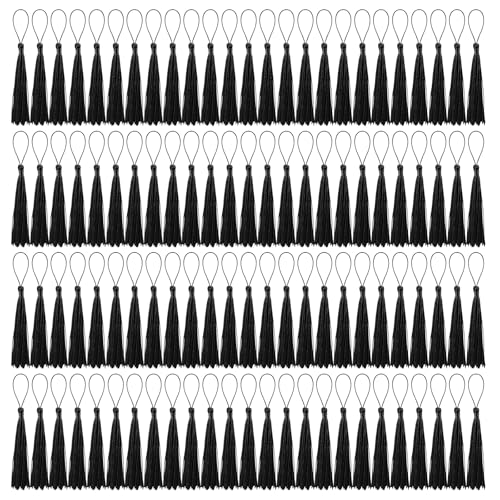 100 Pcs Bookmark Tassels Bulk Black Soft Craft Silky Handmade Mini Tassels for Jewelry Making with Loops for DIY Craft Accessory Dress Decoration - color: Black