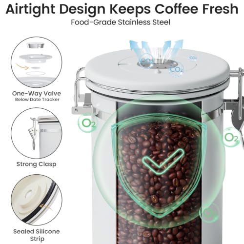 Veken Coffee Canister with Window, Airtight Stainless Steel Container, 22OZ - color: Jet White, size: 22 oz