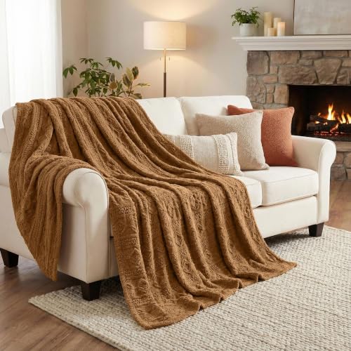 SUPERIOR Fleece Boho Jacquard Blanket, Decorative Blankets for Bedroom, Sofa, Fuzzy, Plush, Fluffy, Soft, Cute Room Decor, Beautiful Cover, Comfort Essentials, Arctic Collection, Throw XL, Camel - color: Camel, size: Throw XL