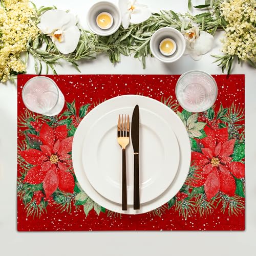Red Poinsettias Placemats for Dining Table Set of 4, 12 x 18 Inch Red White Floral Xmas Tabletop Mats Red Rectangle Table Mat for Winter Holiday Party Kitchen Table Decor - color: Red Poinsettias