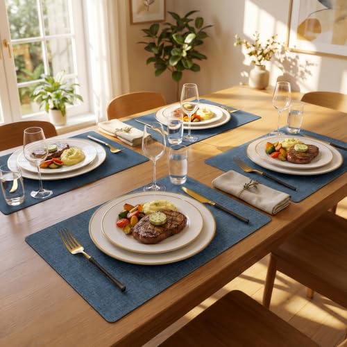 Romanstile Faux Leather Vinyl Placemats Set of 6, Navy Blue - color: Navy Blue