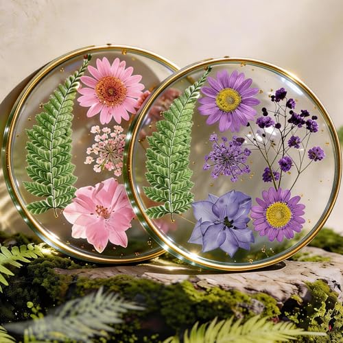Oqplog Resin Drink Coasters for Desk Coffee Table-Pink&Purple Dried Flowers Round Shape Cup Coasters Set of 2 for Work Office Home Outdoor Decor Gifts for Girls Women - color: Pink&purple 2pcs