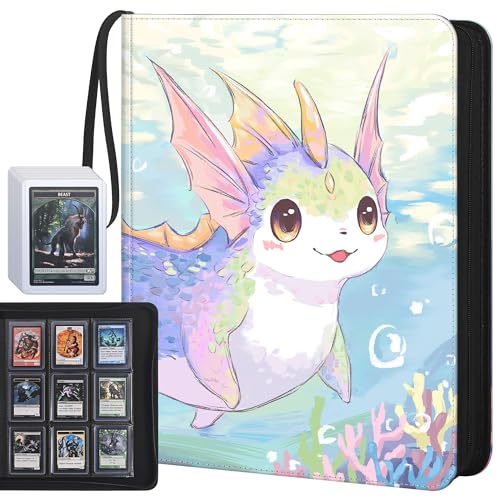 Top Loader Binder, Holds 360 Top Loaders, 9 Pocket Side-Loading Binder with Full-Zip Closure for Standard 3" x 4" Toploaders, Acid-Free PVC-Free Pages, Purple Coral Axolotl - color: Purple Coral Axolotl