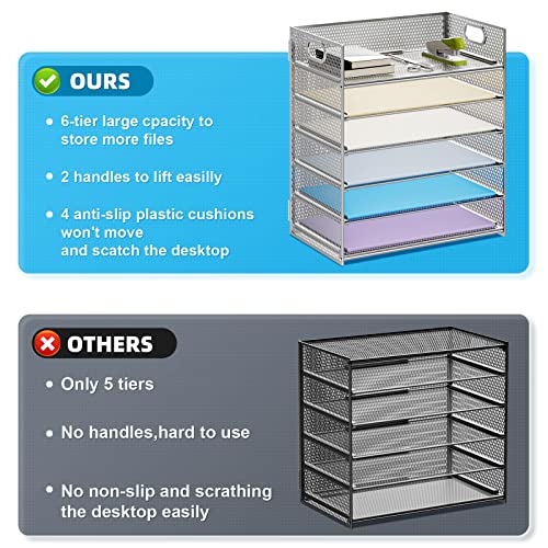 Marbrasse 2 Pack Desk Organizer with Handle, 6 Tier Paper Letter Tray, Mesh Desk File Organizer for Office, School and Home - Silver - color: 2 Pack - Silver