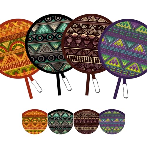 4 Pack Boho Ethnic African Pattern Folding Fan – Vintage Ethno Style Round Hand Fan, Lightweight Portable Cooling Fan for Summer, Beach, Festival & Travel (Violet) - style: Boho Ethnic African