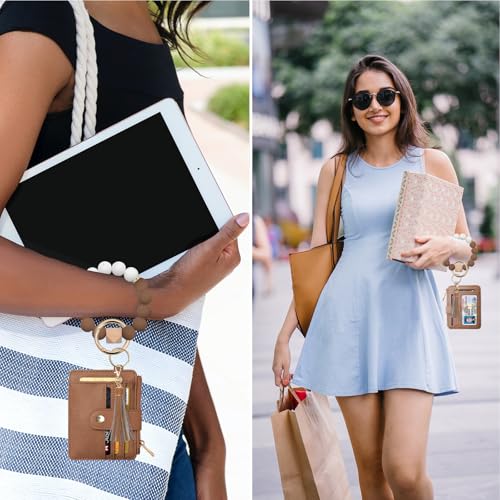 COOLANS Silicone Bracelet Wristlet Wallet Credit Card Holder RFID ID Window Key Ring Tassel Slim Wallet Women Keychain Purse - color: Dark Brown