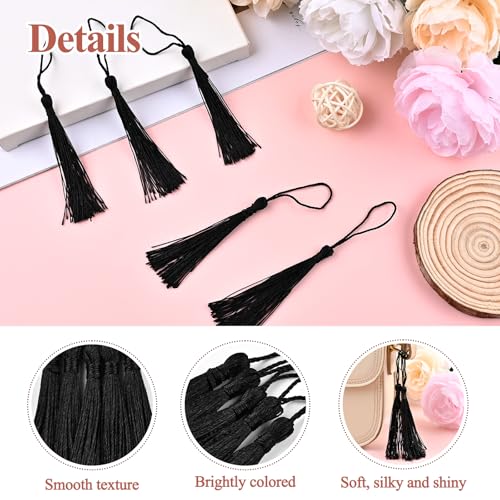 NACHLYNN 120 Pcs Bookmark Tassels Bulk 13cm/5 Inch Silky Handmade Soft Craft Mini Tassels for Jewelry Keychain Making with Loops for Dress Decoration DIY Craft Accessory (Black) - color: Black