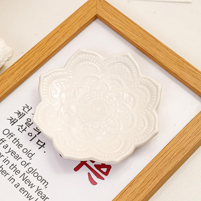 4" Datura Flower Ceramic Jewelry Dish, Ring Tray for Women(White) - color: White