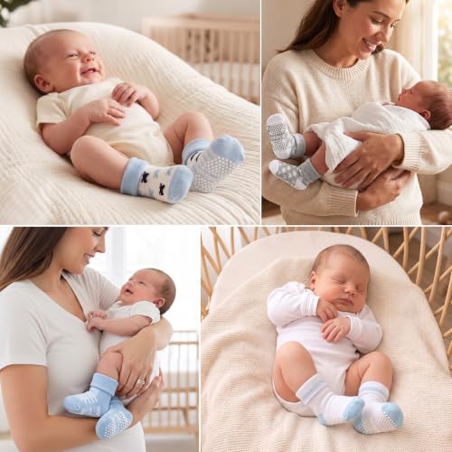 GOTS Organic Cotton Blend 12 infant socks with Grip 0-6 M Boy Non Slip Gift - color: Blue, size: 0-6 Months