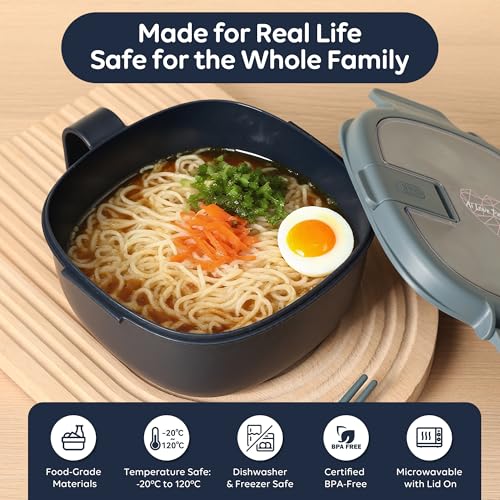 Microwave Ramen Bowl with Lid, Square Leakproof Cooker, BPA-Free, Navy - color: Navy, size: 50 oz (Single Bowl)