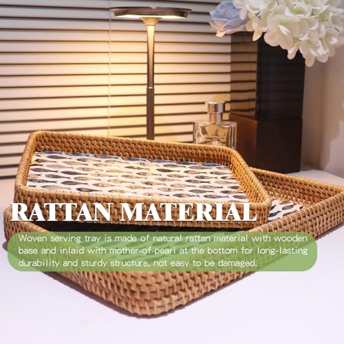 2 Pcs Rattan Mother of Pearl Serving Tray, Wicker Woven Coffee Table Tray - color: Black Fish