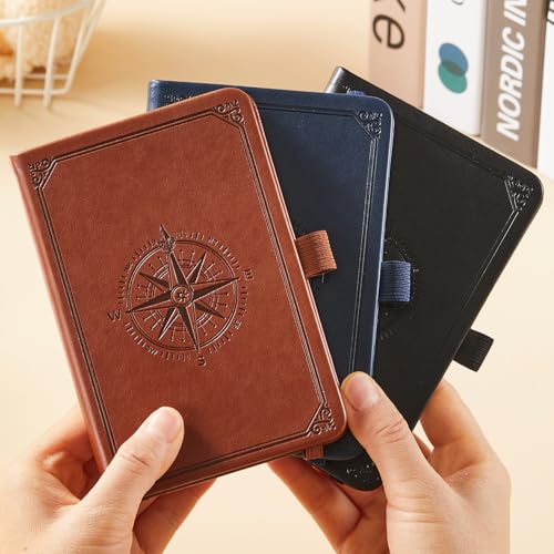 (3 Pack) Small Notebook Journal for Men Women, 3.7" x 5.7", A6 Pocket Notebook with Pen, 100GSM Lined Paper, Hardcover Small Notepad for Work Writing Note Taking, School Supplies - color: 3 Compass, size: A6