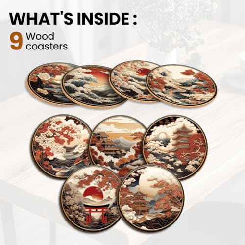 ANATTASOUL Japanese Pattern Wooden Coasters Set of 9 Bulk(3.9") - style: Japanese Pattern