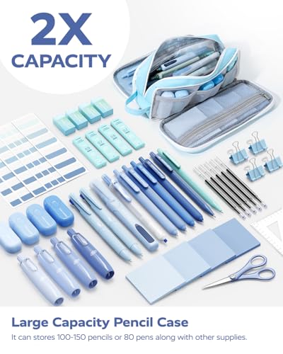 Four Candies Aesthetic School Supplies Kit with Cute Blue Pencil Case - color: Blue