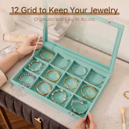 Frebeauty 12 Grid Bracelet Holder Box,Velvet Jewelry Tray with Clear Lid - color: Turquoise, size: 12 Grid
