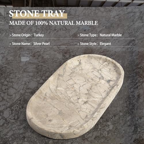 Koville Natural Silver Pearl Marble Decorative Tray, 10" x 5" Marble Vanity Tray for Bathroom Countertop Organizer Stone Trays, Catchall Tray Stone Plate for Perfume, Candles, Jewelry - color: Silver Pearl