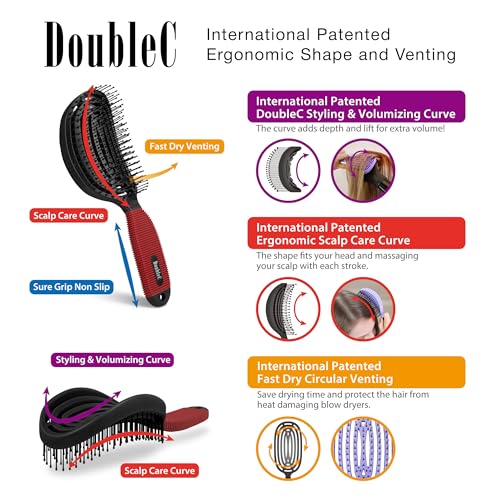 NuWay® DoubleC® Scalp Care Hair Brush – Patented Double Curve Design for Scalp Massage, Vented Blow-Dry Styling, Wet & Dry Hair, All Hair Types (Black & Red) - color: Black & Red
