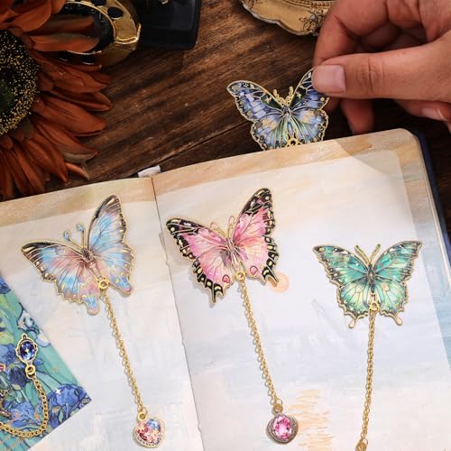 6 Pieces Metal Butterfly Bookmarks with Chain, Golden Hollow Bookmark Monet Oil Painting Theme Book Mark Bookmarks for Book Lovers Women Writers Readers Children Teens - color: Butterfly 2