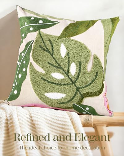 Embroidered Throw Pillow Cover, 18x18 Inch, Monstera Leaves - color: Monstera-leaves, size: 18" x 18" (Pack of 1)