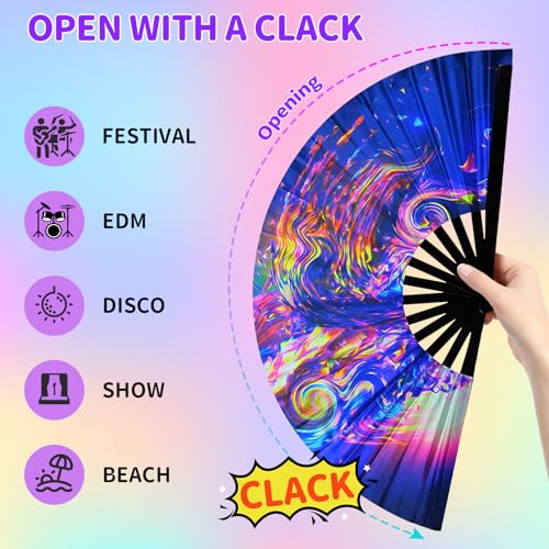 EOSAU Large UV Glow Rave Fan, Folding Hand Fans for Line Dancing, Waves - color: 13" Waves
