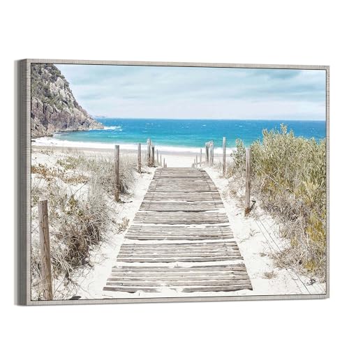 Coastal Framed Wall Art Decor: Beach Scene Canvas Painting Ocean Seascape Sea Landscape Picture Large Seaside Boardwalk Print Artwork for Living Room Bedroom Office 45 x 30 Inch - color: Boardwalk, size: 45"L x 30"W