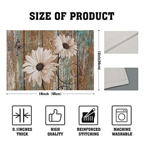 Giwawa Rustic Daisy Board Placemats- White Sunflowers on Vintage Wood Plank Linen Table Place Mat- Farmhouse Wooden Non-Slip Heat Resistant Table Mats for Dining Kitchen Cabin Lodge Decor - color: Daisy Board