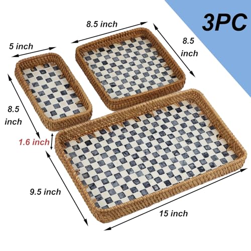 Rectangular Rattan Serving Trays, Set of 3, Black Checkerboard