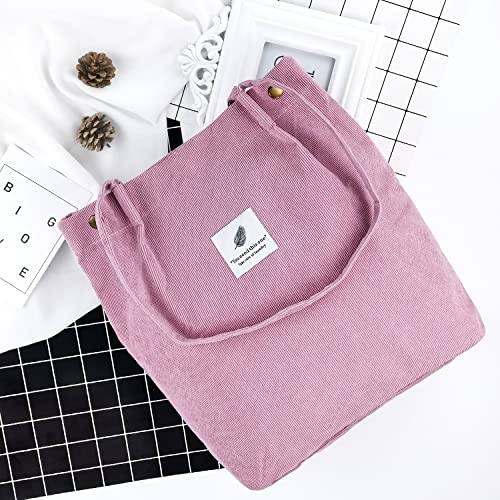 Ayieyill Corduroy Tote Bag for Women Canvas Shoulder Cord Purse with Inner Pocket - color: Pink