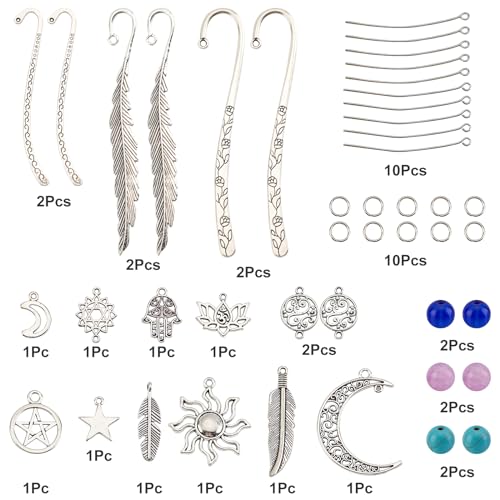 SUNNYCLUE DIY 6 Set Leaf Metal Hook Bookmarks Making Kit 6pcs Leaf Tibetan Style Alloy Bookmark with Feather Moon Sun Lotus Alloy Pendants & Turquoise Beads for DIY Book Marks Making - color: Diy 6 Sets Magic Hook Bookmarks Antique Silver