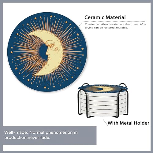 Drink Coasters Set of 6 with Holder,Gold Sun Moon Clouds Stars Absorbent Ceramic Coasters with Cork Base,Fit All Cups,Tabletop Protection Mat for Mugs and Cups,Office,Kitchen - color: Gold Sun Moon Clouds Stars