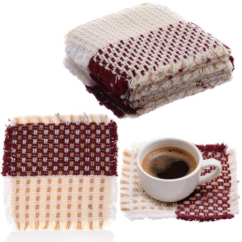 Set of 10 Fabric Drink Coasters, Handcrafted Cotton Woven Coasters for Table, Coastal Farmhouse Table Decor for Coffee Tea Cocktails, Absorbent Soft Desk Coasters for Kitchen Office, Housewarming Gift - color: Red & White