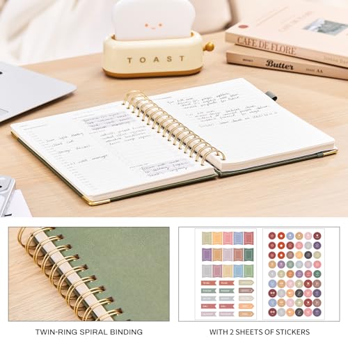 Ovesmusl Undated Daily Planner - 126 Days Hourly Schedule & To Do List - A5 PU Leather Hardcover Spiral Notebook planner with stickers, Metal Corner Protectors & Back Pocket for Work & School, Green - style: Green
