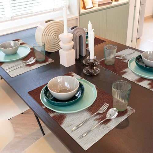 Cowhide Animal Skin Placemats Washable Table Placemat Set of 4 - color: White Brown, size: Set of 4